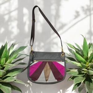 Fossil Patchwork Shoulder Bag Gray Pebbled Leather Purple Pink Retro Purse